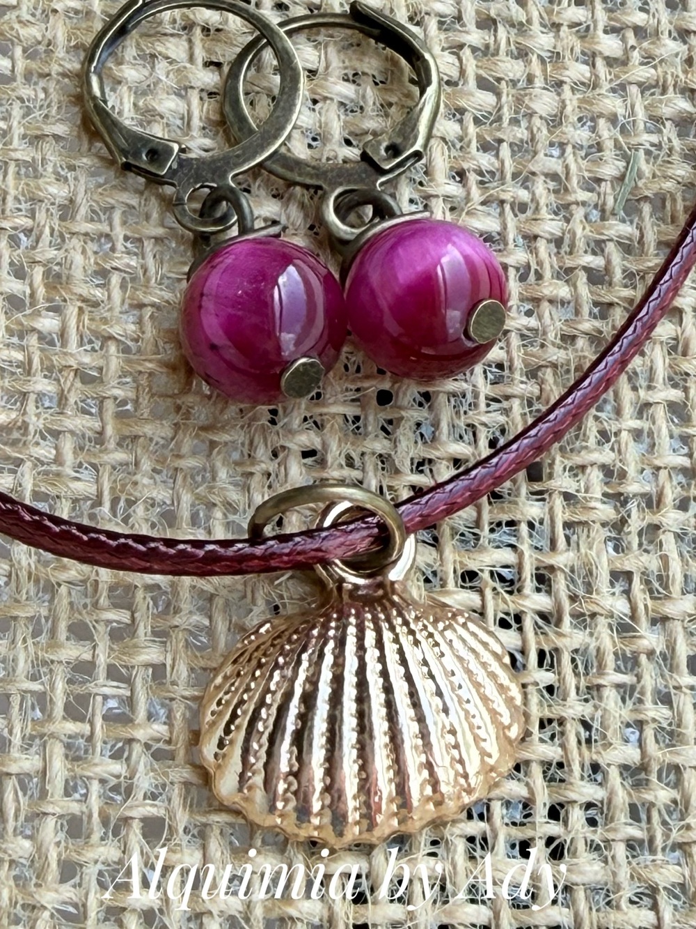 Fuchsia agate Bead Leverback Earrings with Gold Shell Necklace Accent set